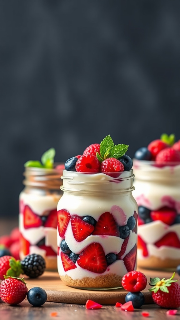 Delicious no-bake berry cheesecake cups layered with cream cheese, berries, and graham cracker crumbs.