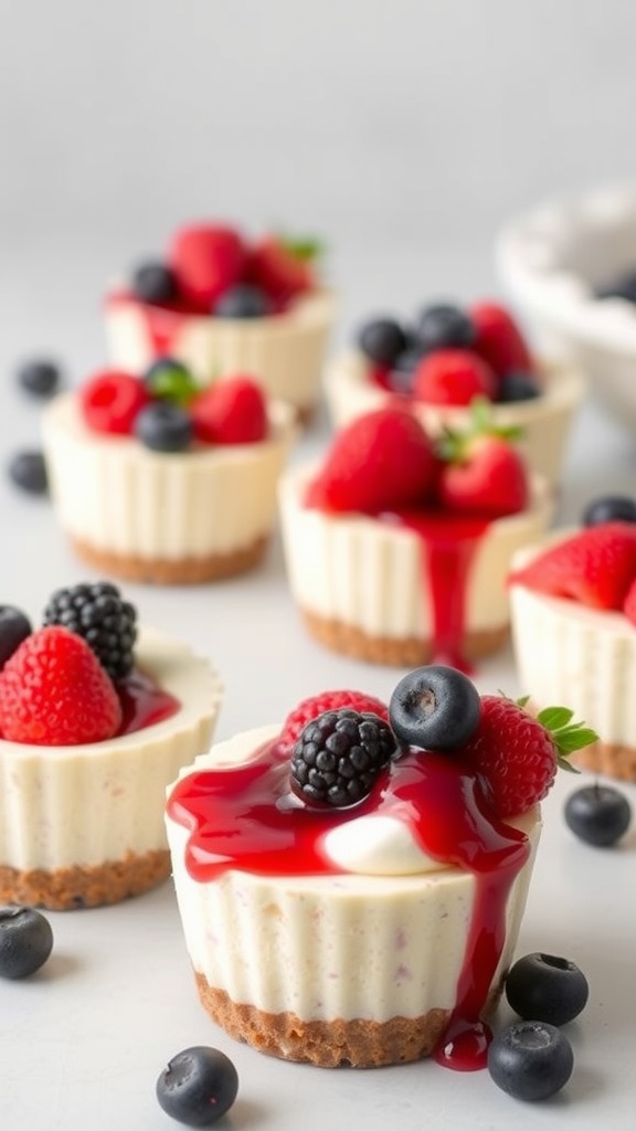 No-bake berry cheesecake cups topped with fresh berries.