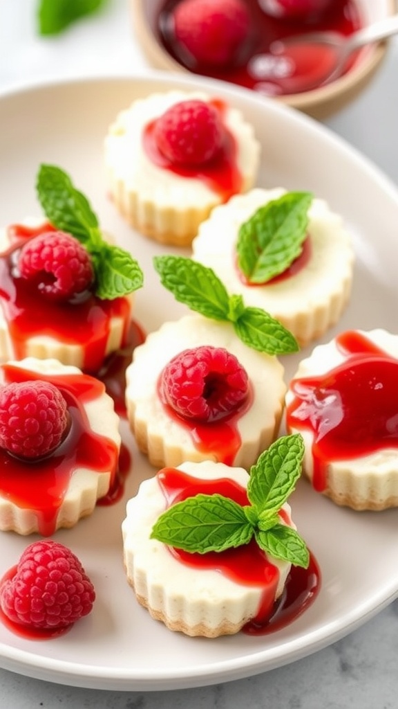 Delicious no-bake cheesecake bites topped with raspberries and mint leaves.
