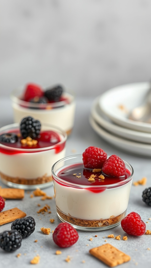 No-bake cheesecake cups with a graham cracker crust and topped with mixed berries.