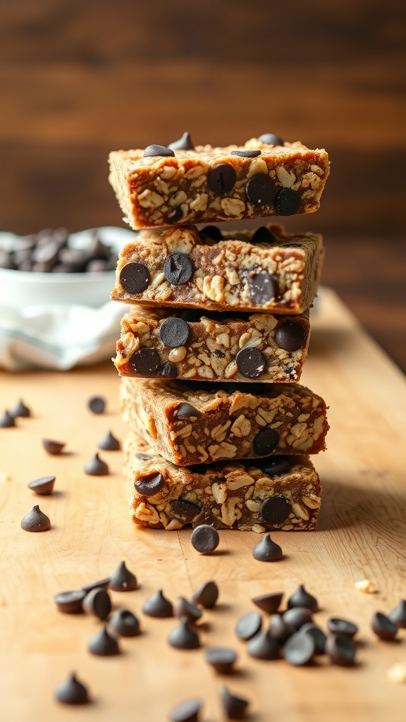 No-bake chocolate oat bars stacked on a wooden surface
