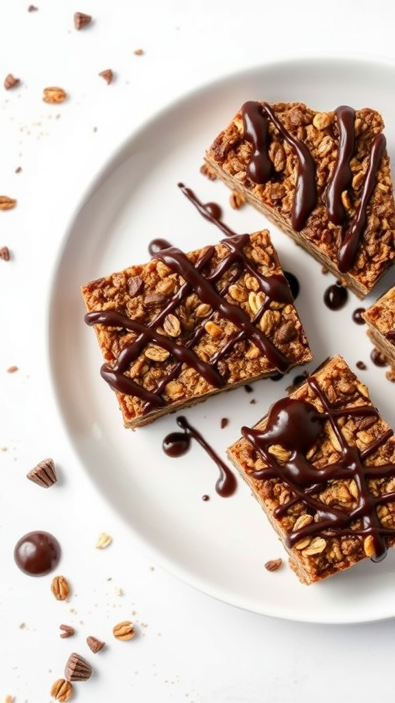 Plate of no-bake chocolate oatmeal bars drizzled with chocolate.