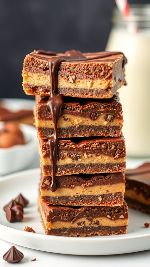 A stack of no-bake chocolate peanut butter bars with a glossy chocolate layer on top, served on a plate.