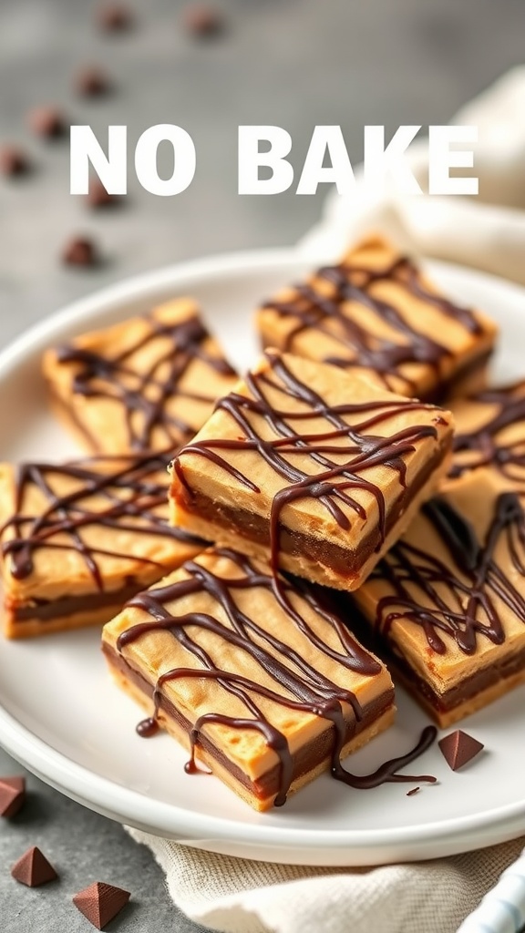Delicious no-bake chocolate peanut butter bars stacked on a plate.