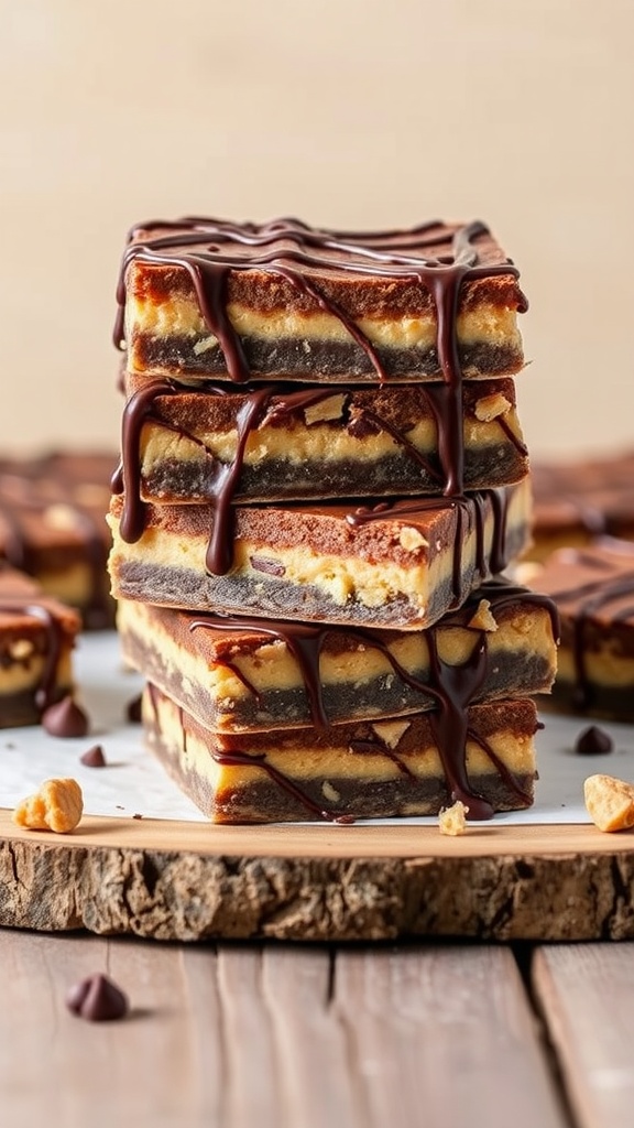 No-bake chocolate peanut butter bars stacked on a wooden surface