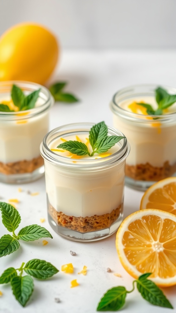 No-Bake Lemon Cheesecake Cups with mint leaves and lemon slices