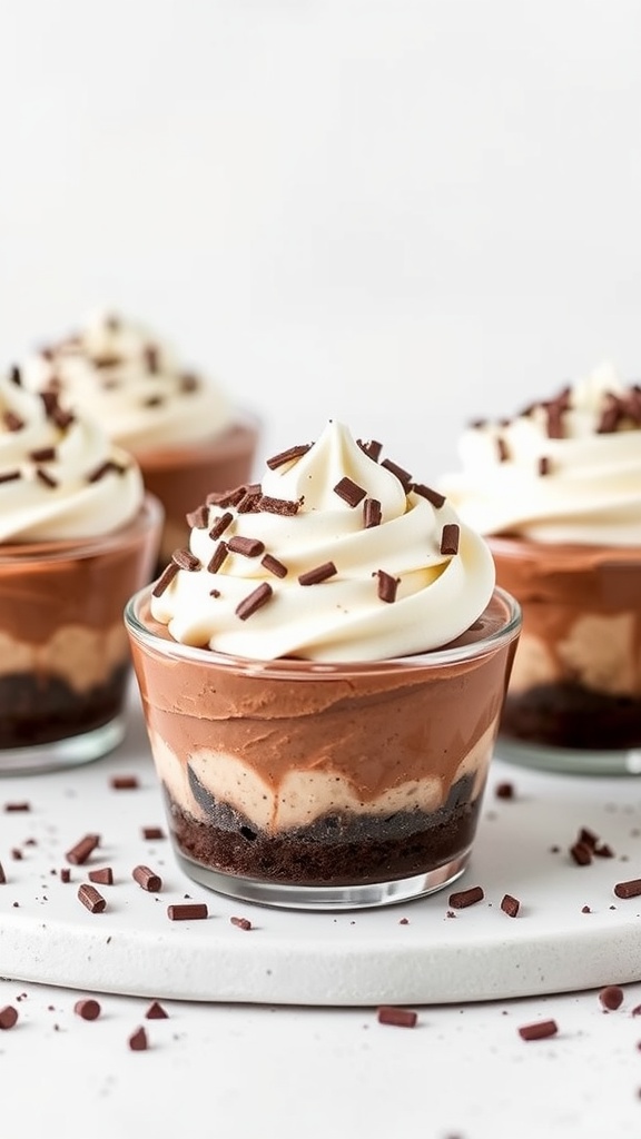 Delicious no-bake Nutella cheesecake cups topped with whipped cream and chocolate shavings.