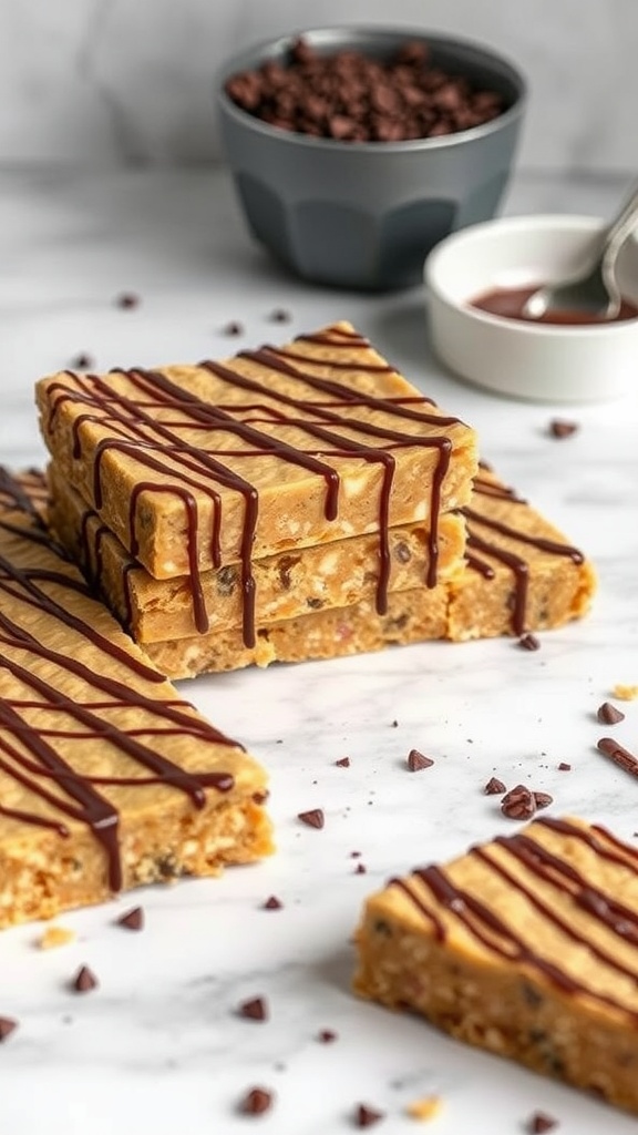 Delicious no-bake peanut butter bars drizzled with chocolate, topped with chocolate chips.