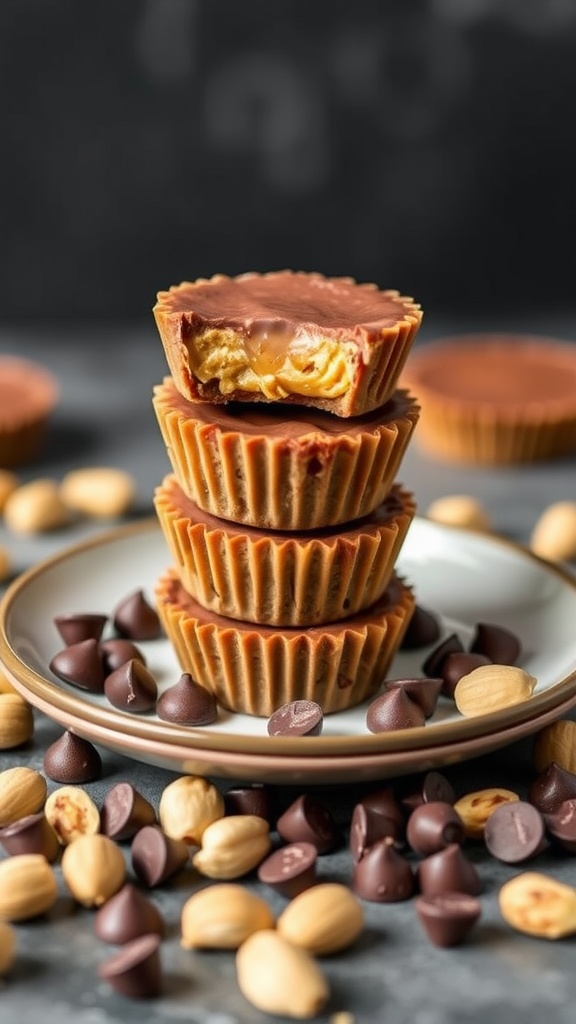 Delicious no-bake peanut butter cups stacked on a plate with chocolate chips and peanuts scattered around.