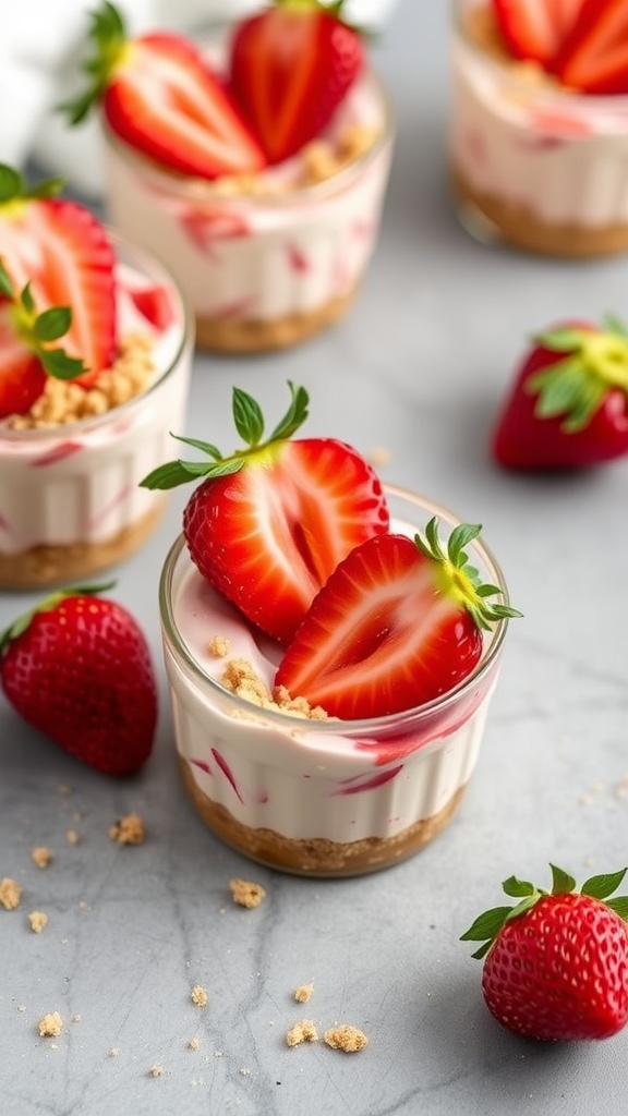 No-Bake Strawberry Cheesecake Cups with fresh strawberries on top