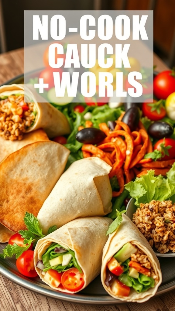 A colorful plate of no-cook wraps and salad, showcasing a variety of fresh vegetables and ingredients.