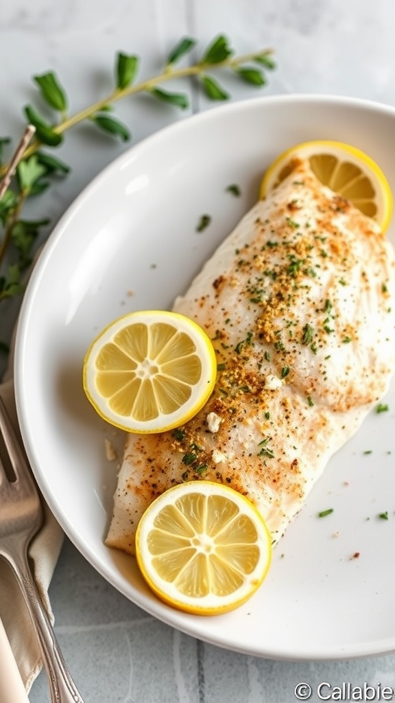 Baked Lemon Herb Tilapia fillets garnished with lemon slices