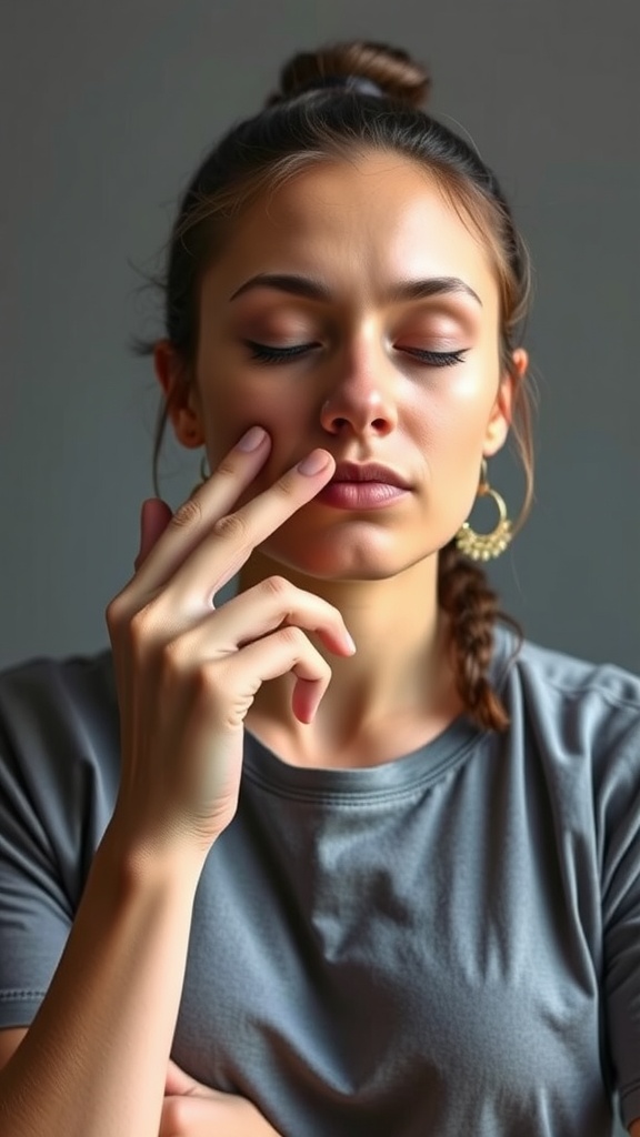 A person demonstrating the Nose Shaper yoga move with fingers touching the nose.