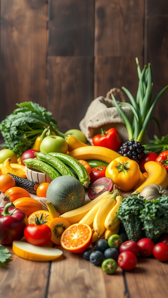 A colorful assortment of fresh fruits and vegetables on a wooden surface.