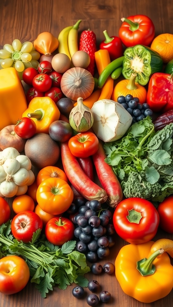 A colorful assortment of fresh fruits and vegetables, including tomatoes, peppers, bananas, and greens, displayed on a wooden table.