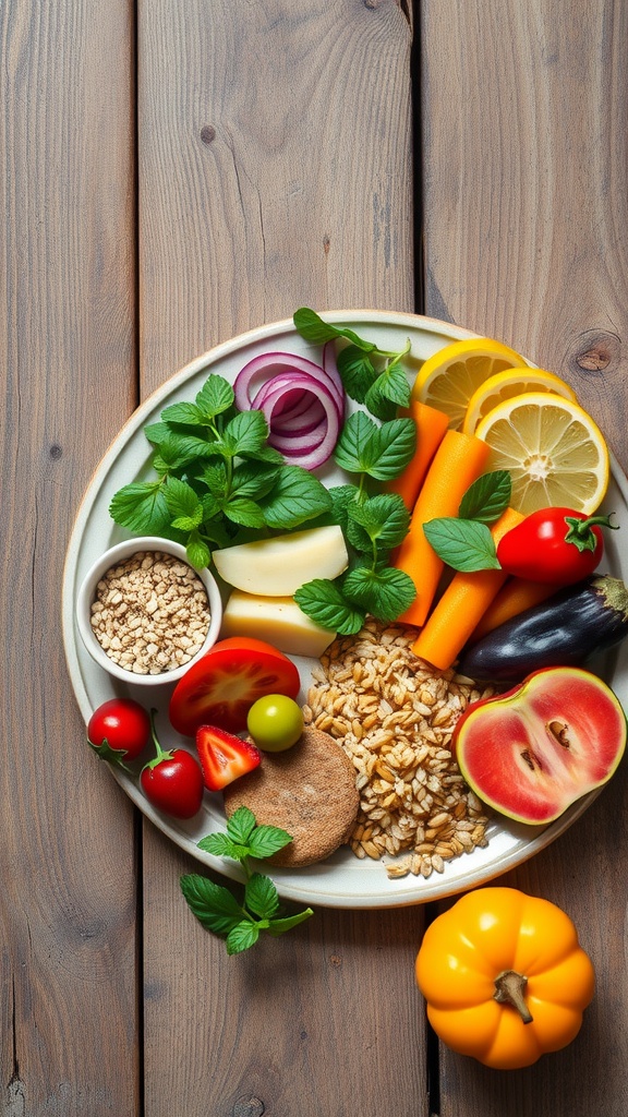 A plate of colorful fruits and vegetables including carrots, tomatoes, barley, and lemon slices on a wooden table.