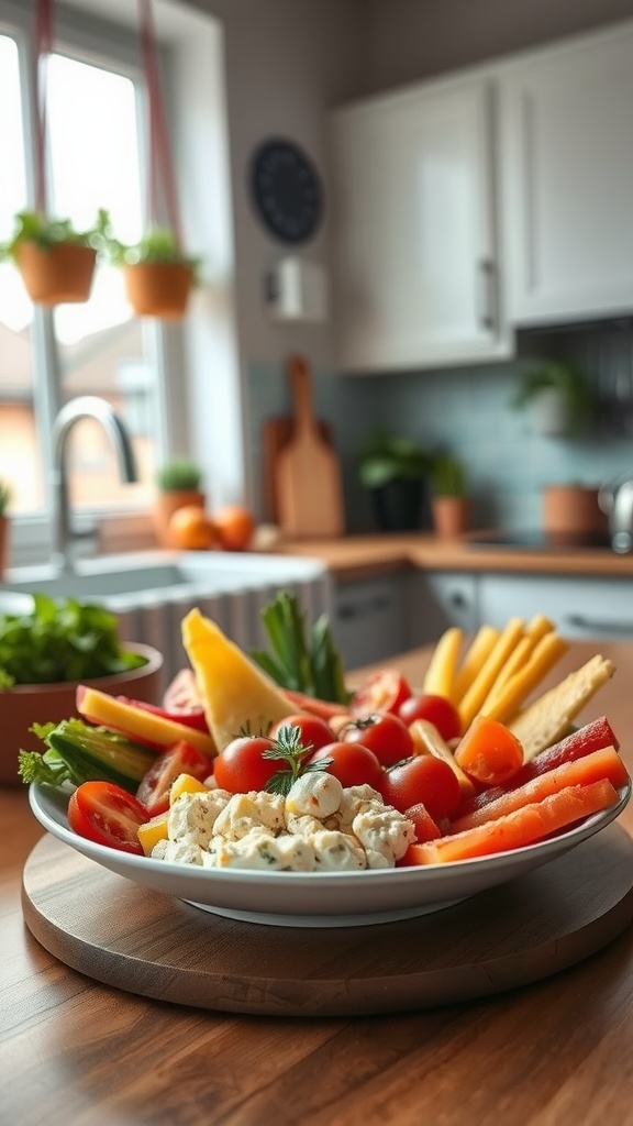 A colorful plate of fresh vegetables and fruits with a creamy dip, set in a bright kitchen.