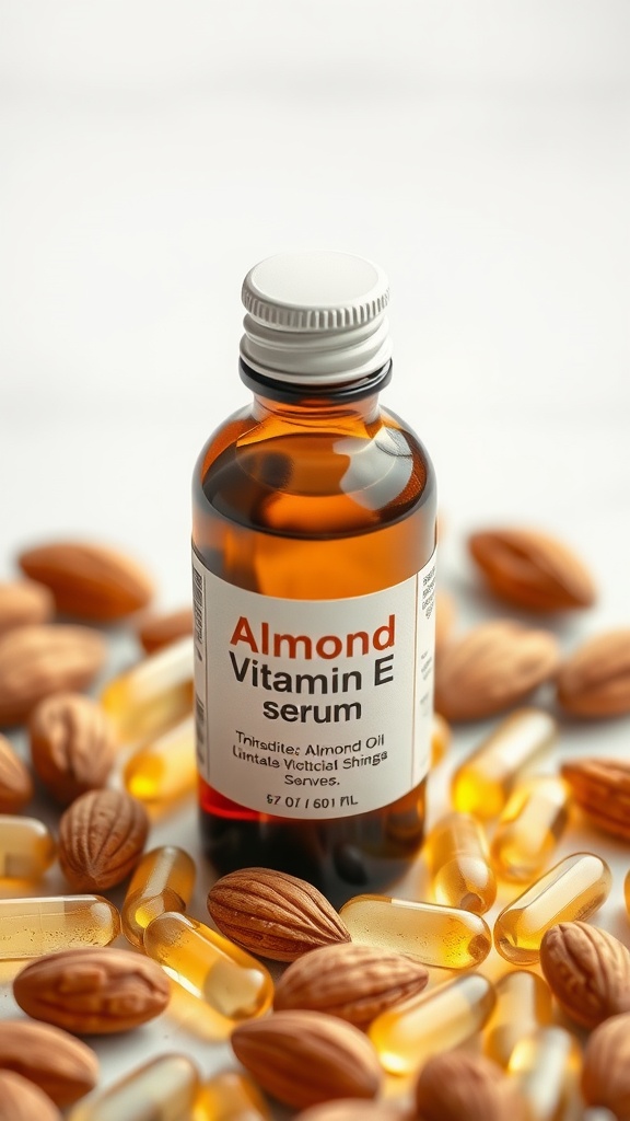 A bottle of almond oil and vitamin E serum surrounded by almonds and vitamin E capsules