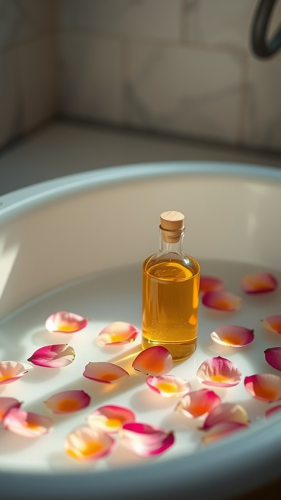 A bottle of almond oil surrounded by rose petals in a bathtub