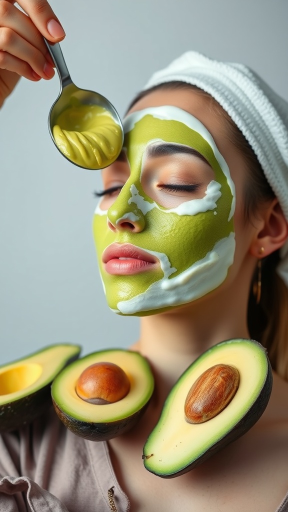 A person with a green avocado and yogurt mask on their face, holding a spoon with more mask, with fresh avocado halves around their neck.