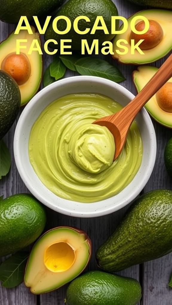Creamy avocado face mask in a bowl surrounded by fresh avocados