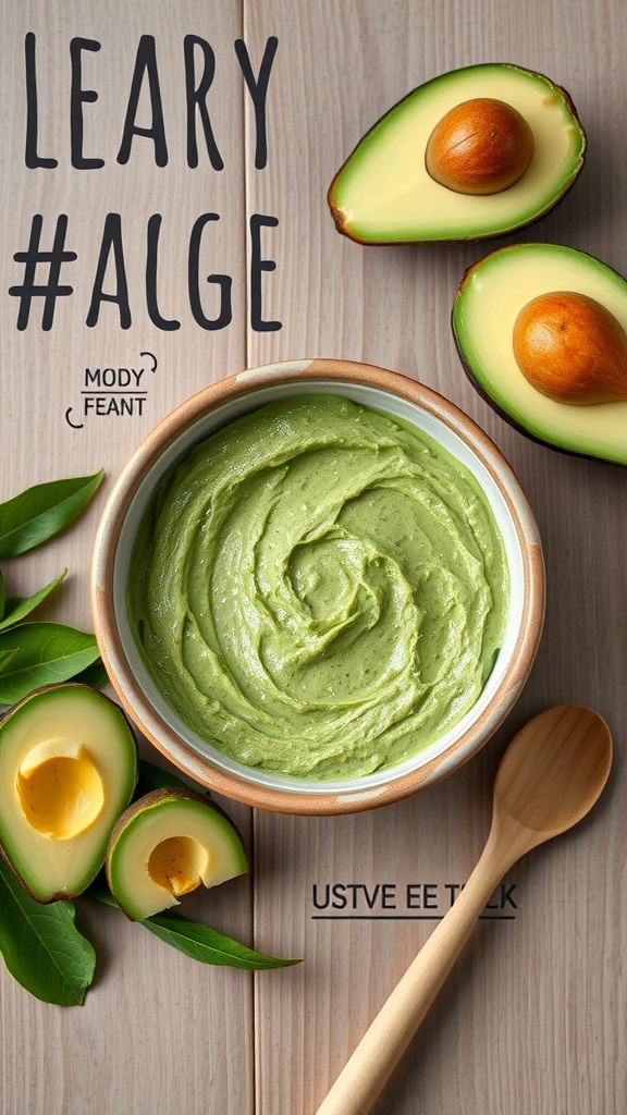 A bowl of creamy avocado face mask with whole avocados on the side, showcasing the recipe for a DIY skincare treatment.