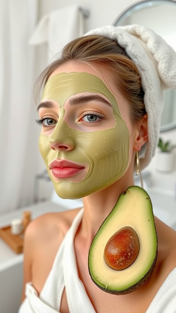 A woman with a green avocado face mask, holding a sliced avocado next to her cheek.