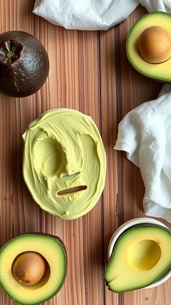 A nourishing avocado face mask shaped like a face, surrounded by fresh avocados on a wooden surface.