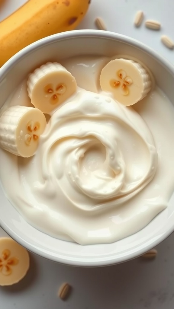 A bowl filled with creamy yogurt and banana slices, highlighting a nourishing face pack for dry skin.