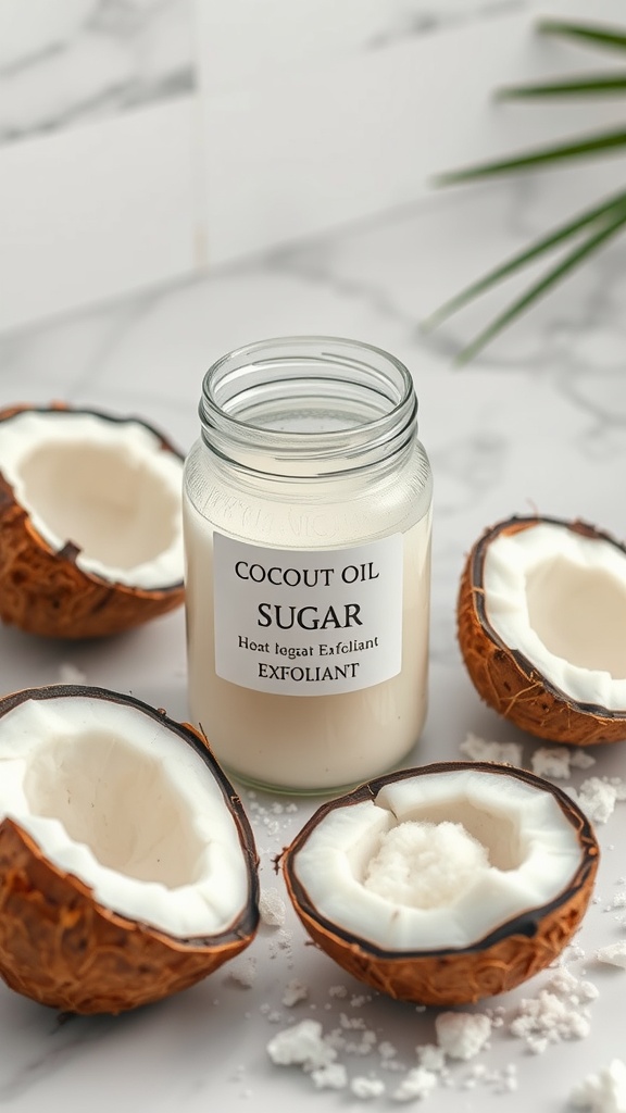 Jar of coconut oil and sugar exfoliant surrounded by coconut shells