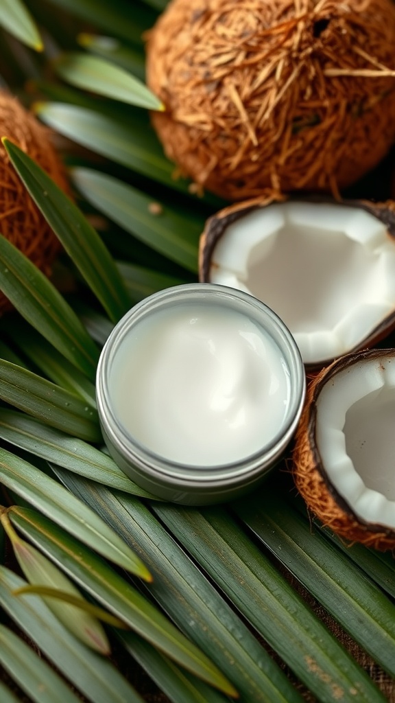 Coconut oil balm in a tin surrounded by coconut shells and green leaves.
