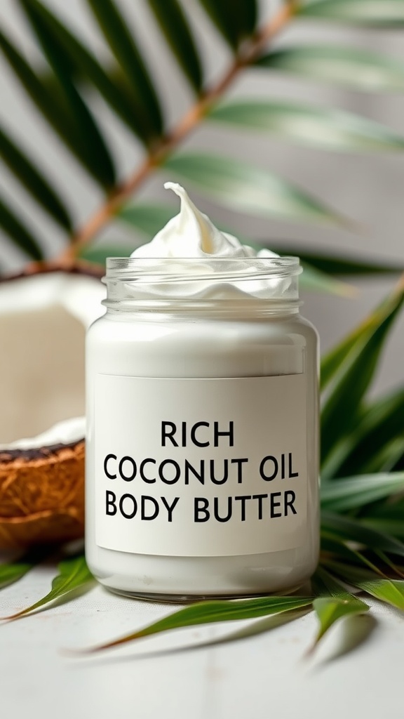 A jar of rich coconut oil body butter surrounded by tropical leaves and a coconut shell.