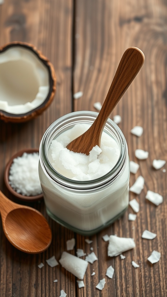 A jar of coconut oil body scrub with a wooden spoon, surrounded by shredded coconut and a half coconut shell on a wooden table.
