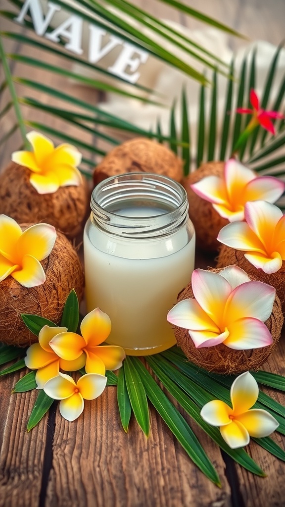 A jar of coconut oil surrounded by coconuts and tropical flowers on a wooden surface.