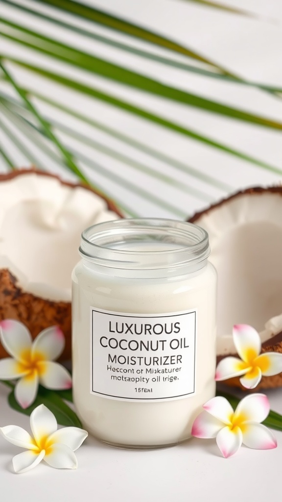 Luxurious coconut oil moisturizer in a jar with tropical flowers and coconut shells
