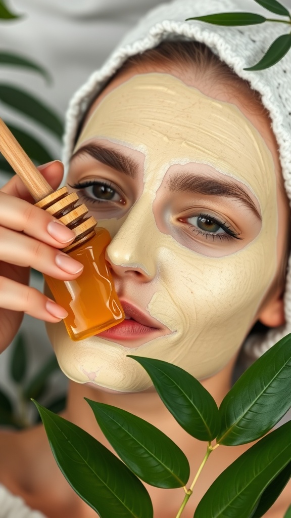 A person applying a honey and avocado face mask with a honey jar in hand, surrounded by green leaves.