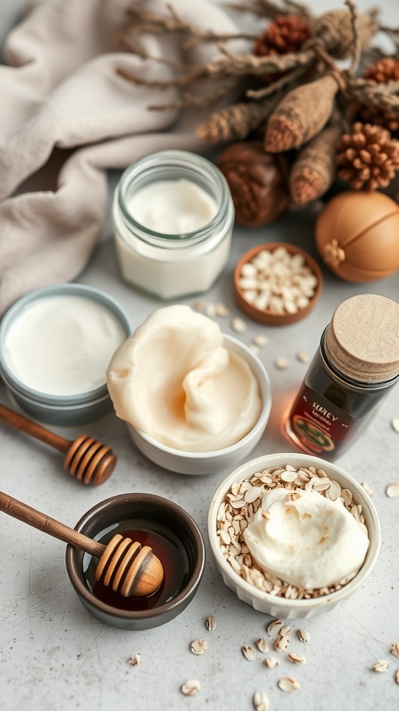 Ingredients for nourishing face masks including honey, oats, and creams arranged on a table.