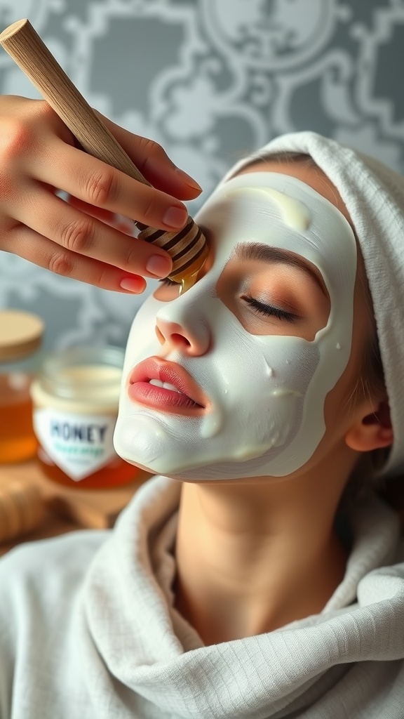 A woman applying a honey and yogurt mask on her face, looking relaxed and pampered.