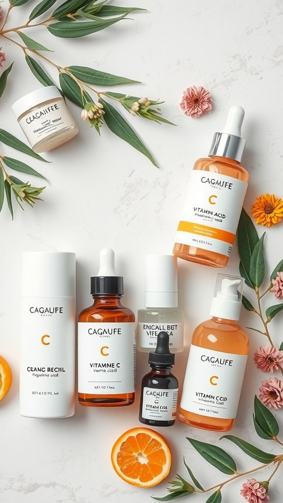 A collection of skincare products featuring Vitamin C and other nourishing ingredients.