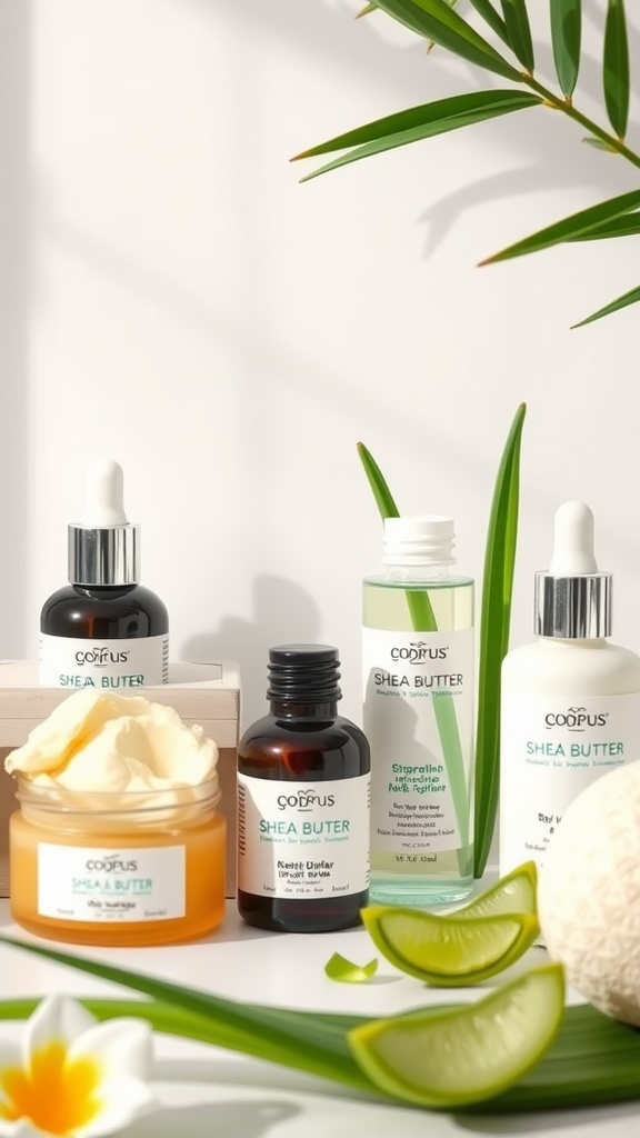 A collection of skincare products featuring shea butter and natural extracts on a clean surface.