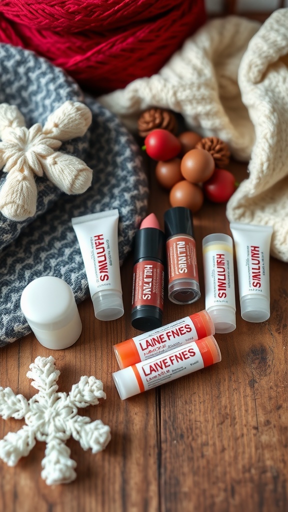 An assortment of nourishing lip balms surrounded by cozy winter items like yarn and a knitted scarf.