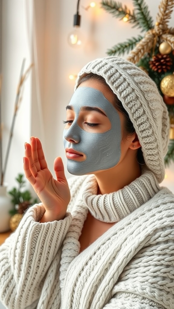 A woman with a blue face mask, wearing a cozy sweater, enjoying a skincare routine by a window decorated for winter.