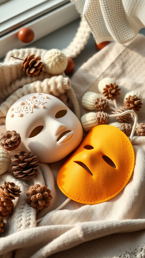 An artistic arrangement of skincare masks and natural elements on a cozy fabric.