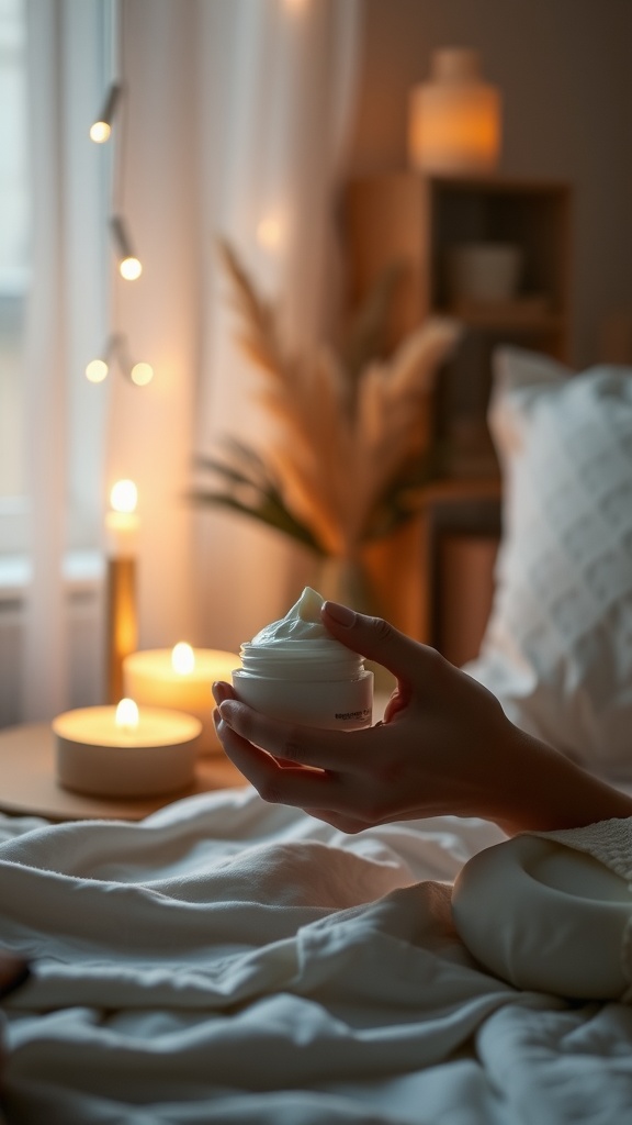 A hand holding a jar of night cream in a cozy bedroom with warm lighting and candles.