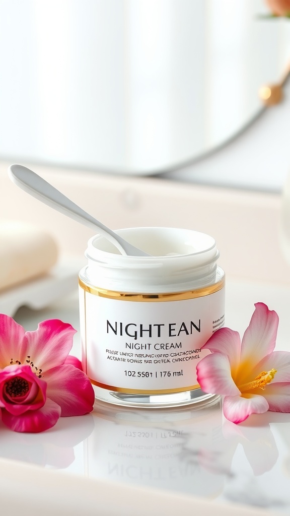 A jar of night cream surrounded by pink flowers on a reflective surface