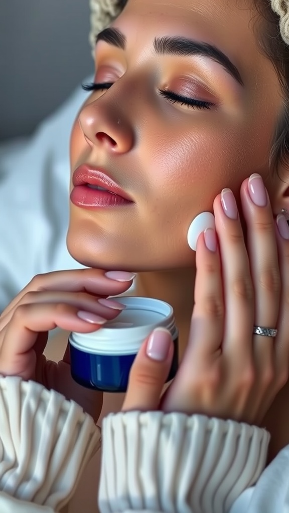 A person applying nourishing night cream to their face with a serene expression.