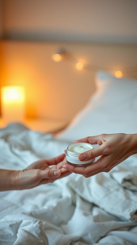 A hand passing a jar of night cream in a cozy bedroom setting.