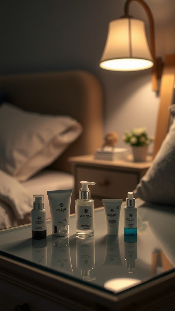 A collection of skincare products on a bedside table with a lamp in the background
