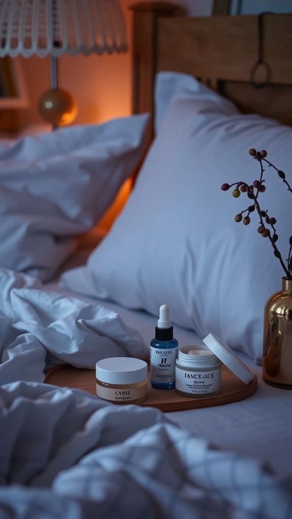 A cozy nighttime skincare setup with products on a wooden tray beside soft bedding and a warm lamp.