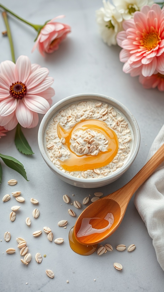 A bowl of oatmeal and honey mask surrounded by flowers, representing a DIY skincare recipe.